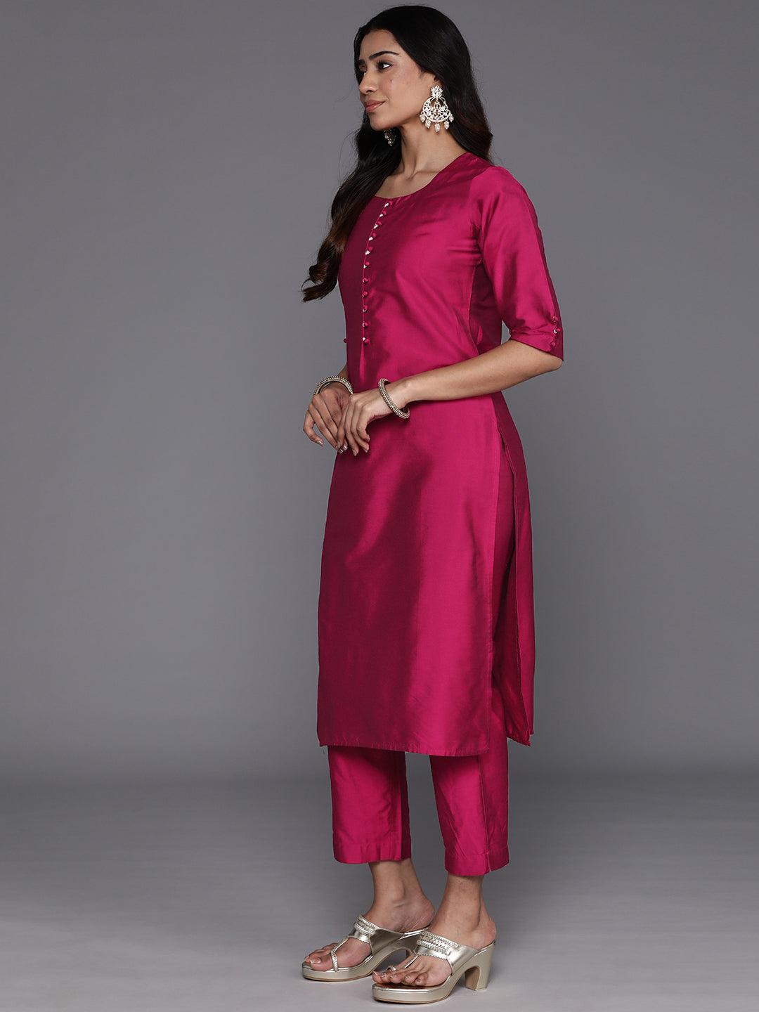 Magenta Solid Silk Blend Straight Kurta With Trousers & Dupatta - Libas