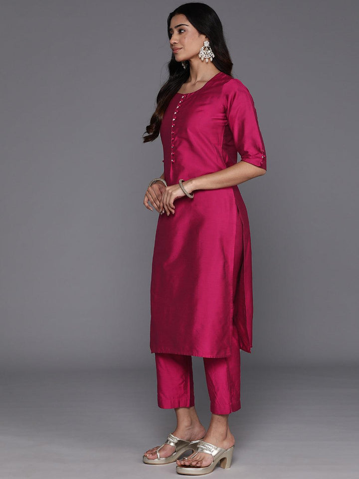 Magenta Solid Silk Blend Straight Kurta With Trousers & Dupatta - Libas