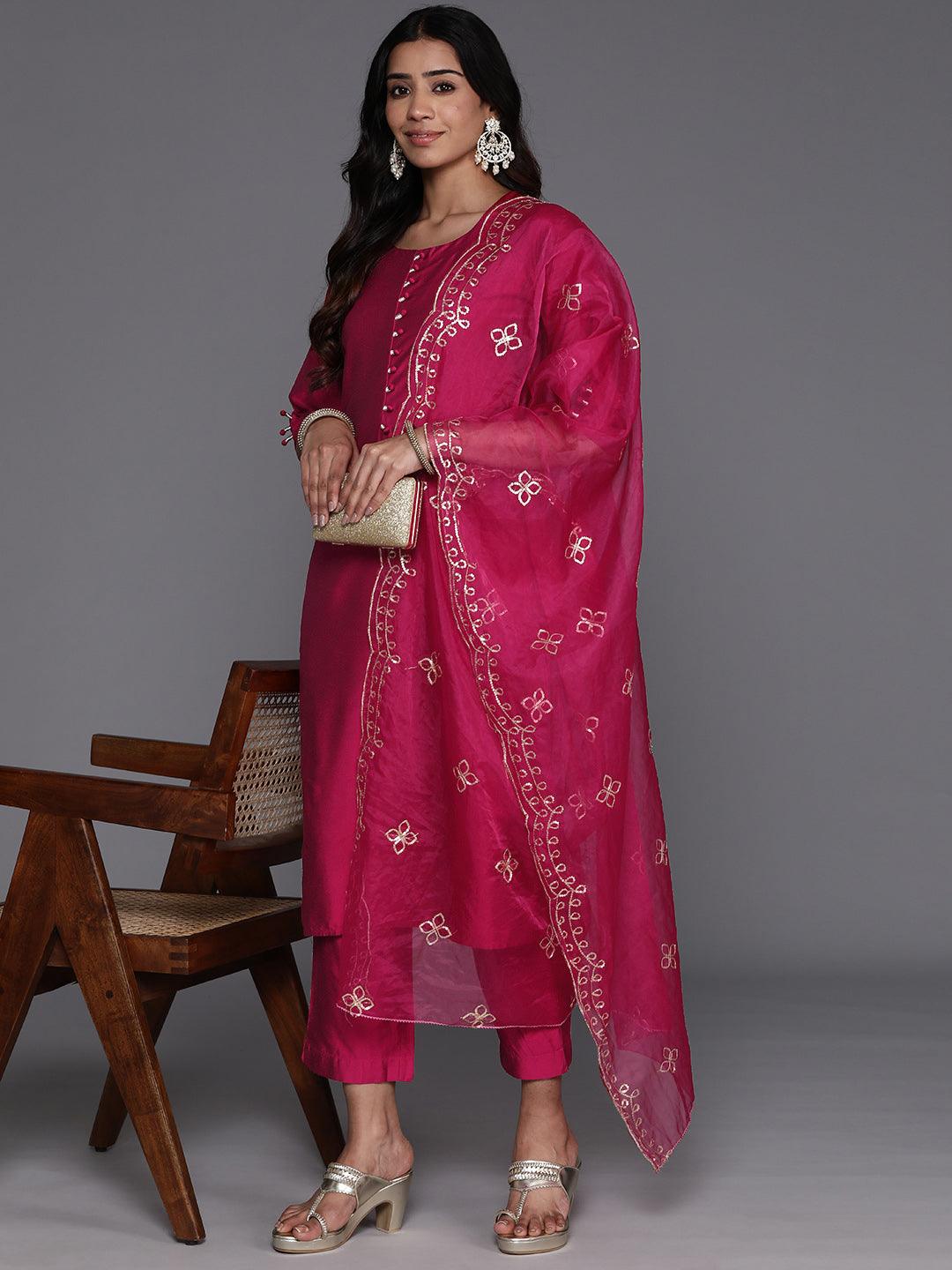 Magenta Solid Silk Blend Straight Kurta With Trousers & Dupatta - Libas 