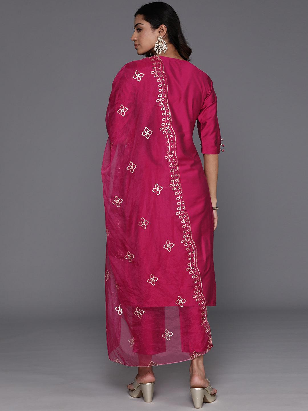 Magenta Solid Silk Blend Straight Kurta With Trousers & Dupatta - Libas 