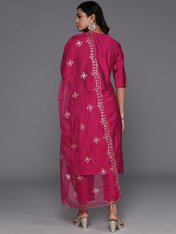 Magenta Solid Silk Blend Straight Kurta With Trousers & Dupatta - Libas