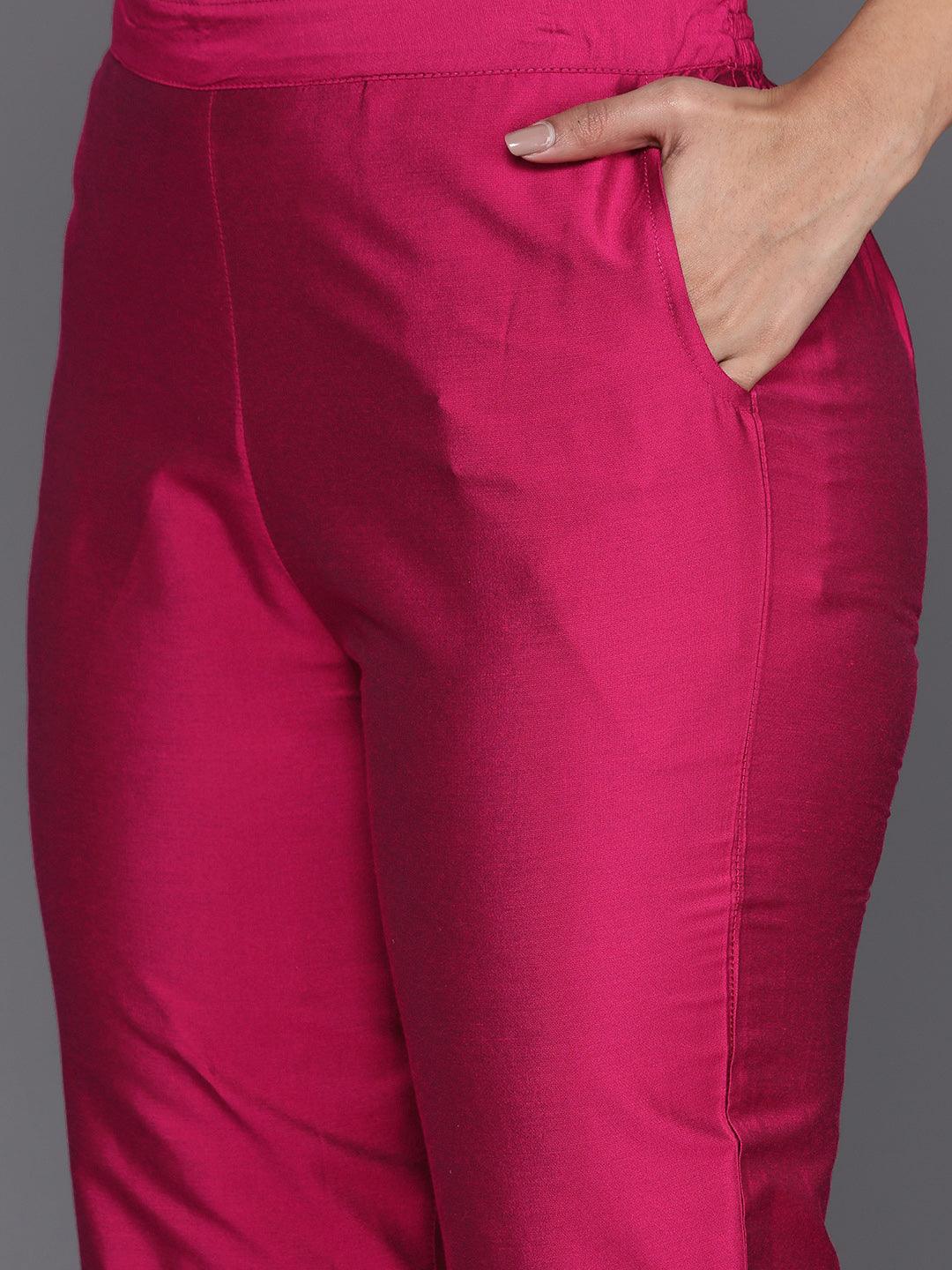 Magenta Solid Silk Blend Straight Kurta With Trousers & Dupatta - Libas 