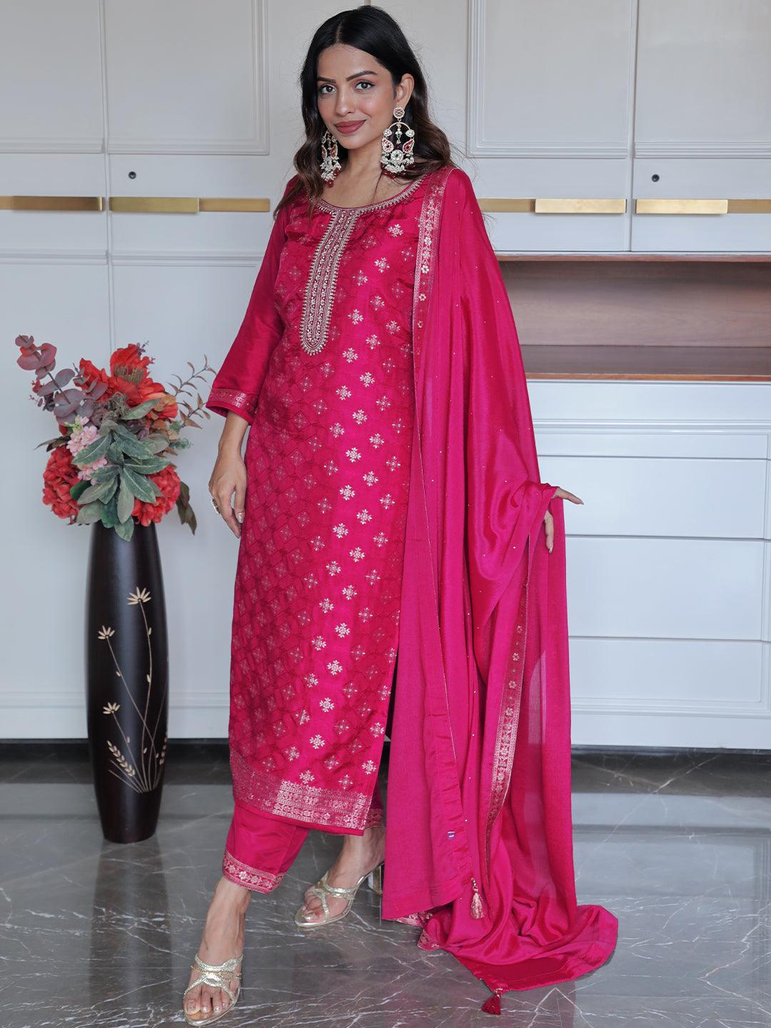 Magenta Woven Design Silk Blend Straight Kurta With Trousers & Dupatta - Libas