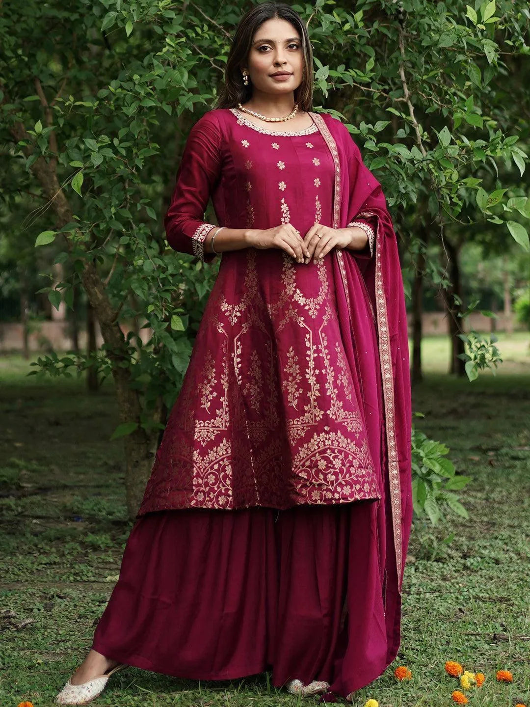 Maroon Brocade Silk Blend A-Line Kurta With Sharara & Dupatta - Libas 