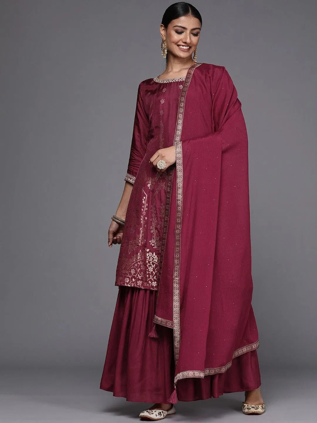 Maroon Brocade Silk Blend A-Line Suit Set - Libas