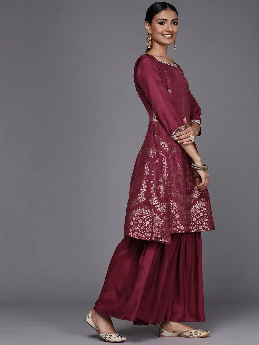 Maroon Brocade Silk Blend A-Line Suit Set - Libas 