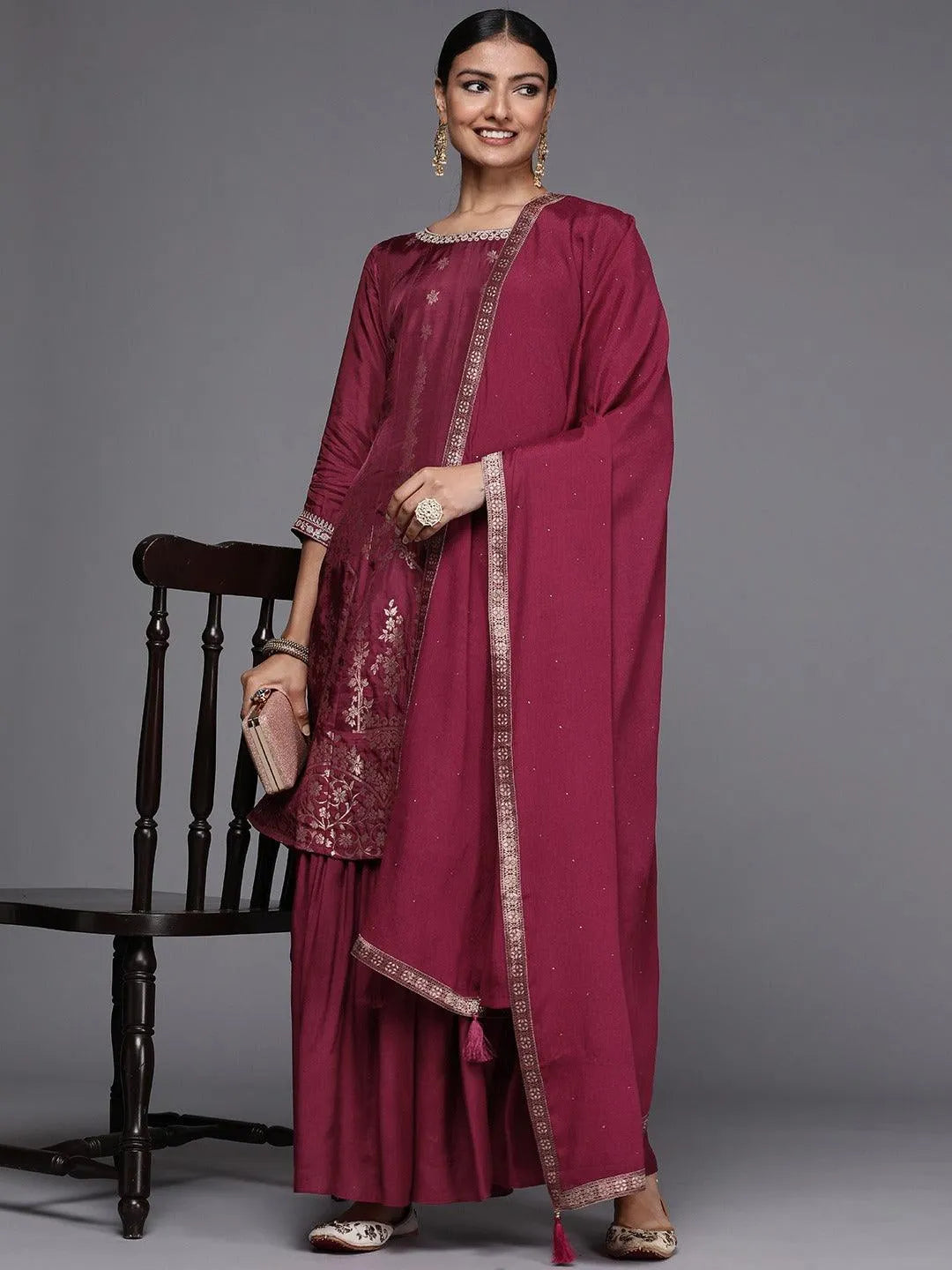 Maroon Brocade Silk Blend A-Line Suit Set - Libas