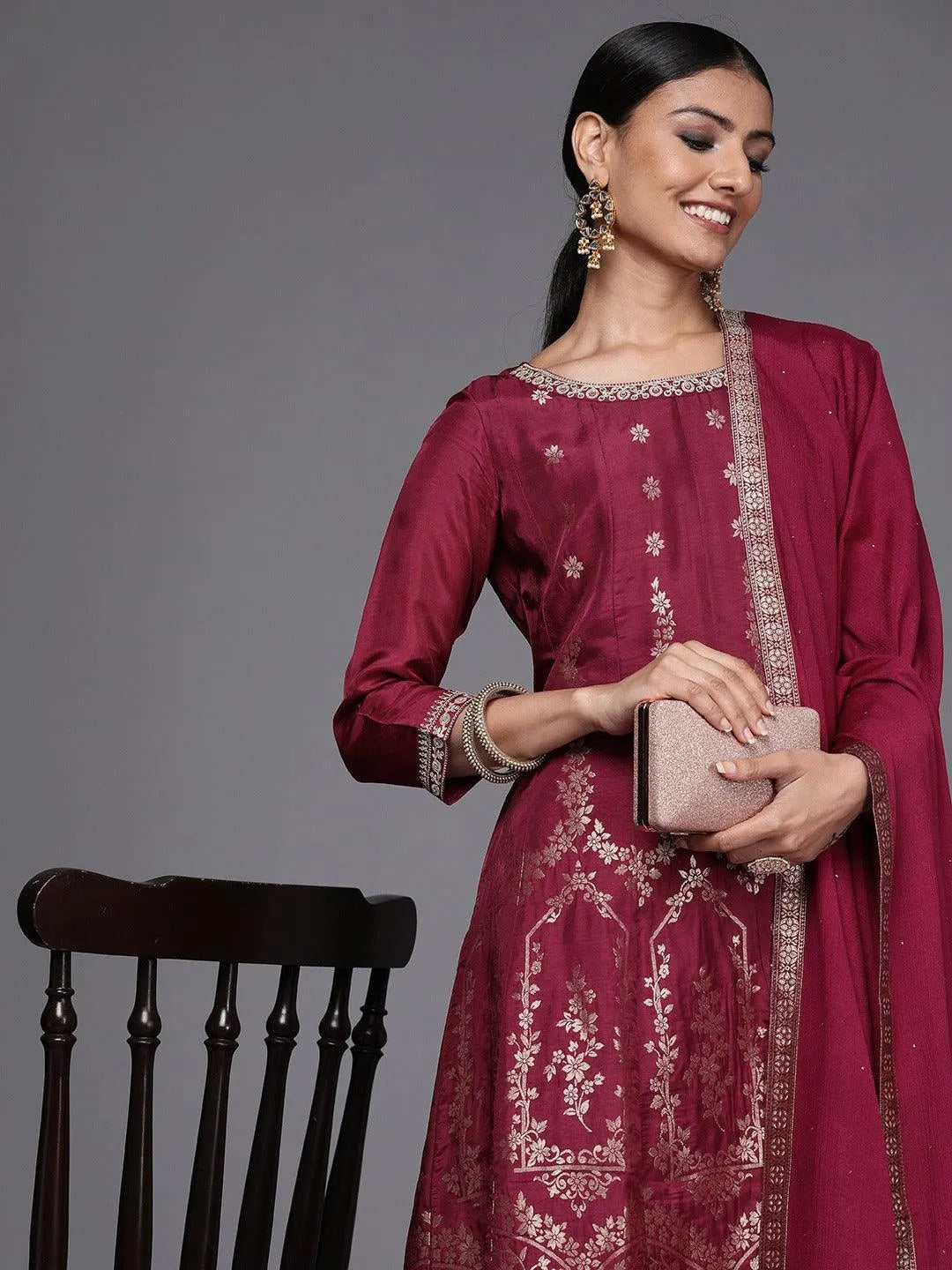 Maroon Brocade Silk Blend A-Line Suit Set - Libas 