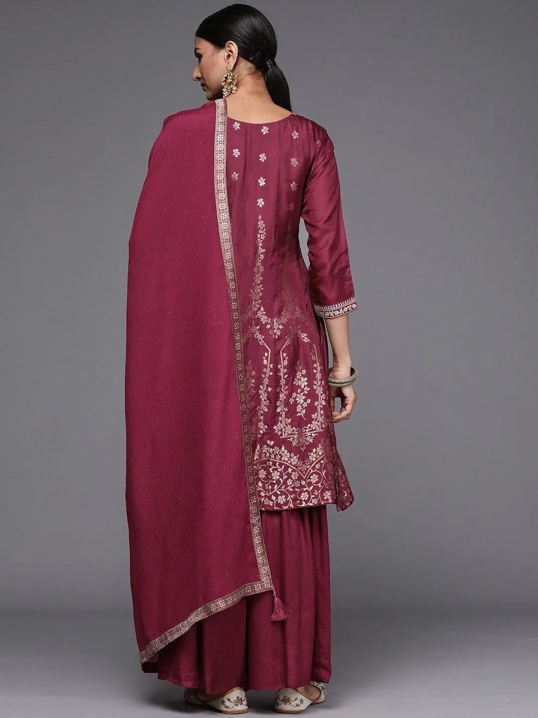 Maroon Brocade Silk Blend A-Line Suit Set - Libas 