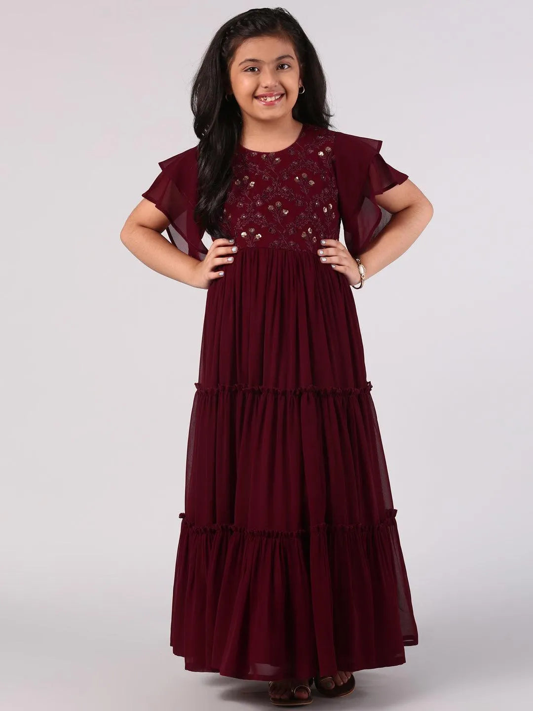 Maroon Embellished Georgette Dress - Libas 