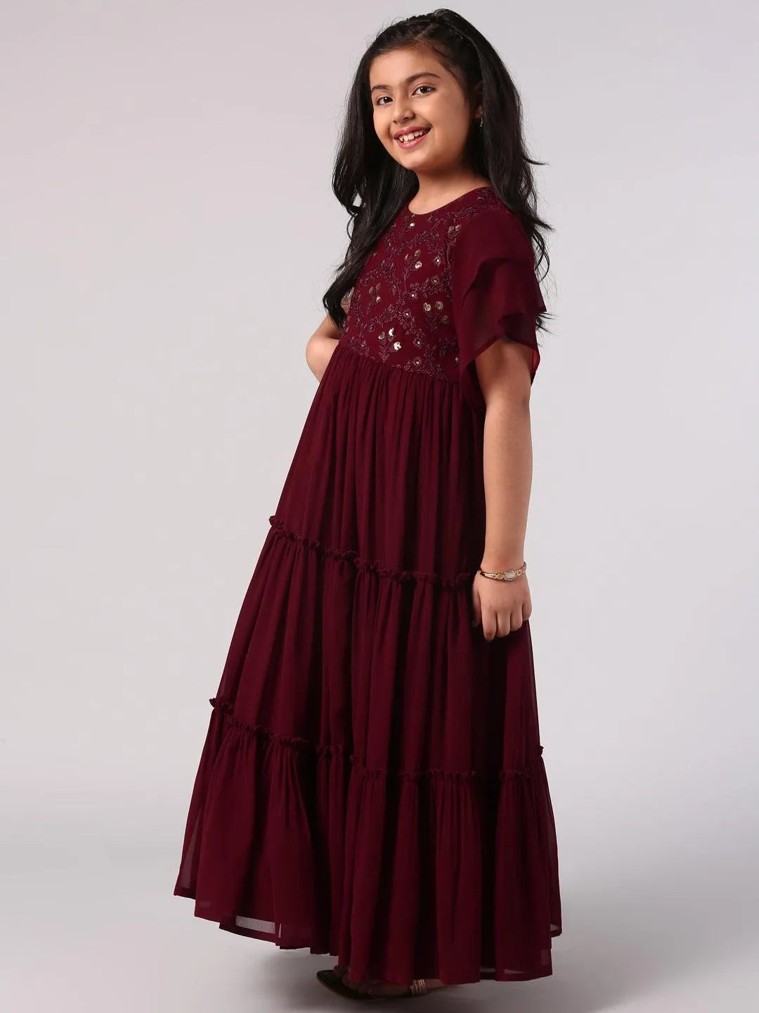 Maroon Embellished Georgette Dress - Libas 