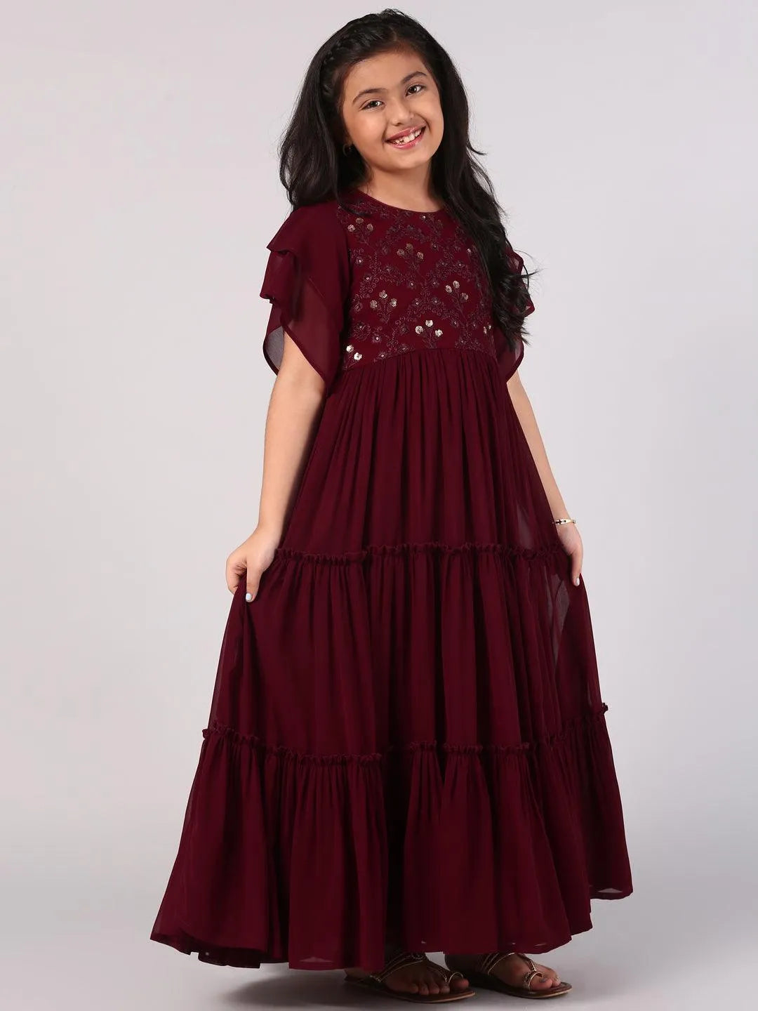 Maroon Embellished Georgette Dress - Libas