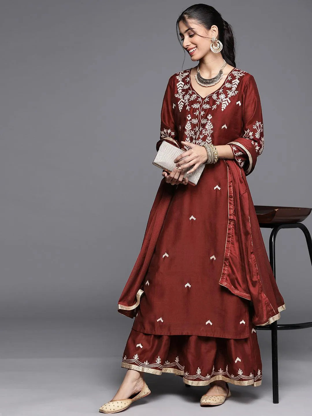 Maroon Embroidered Chanderi Silk Suit Set - Libas