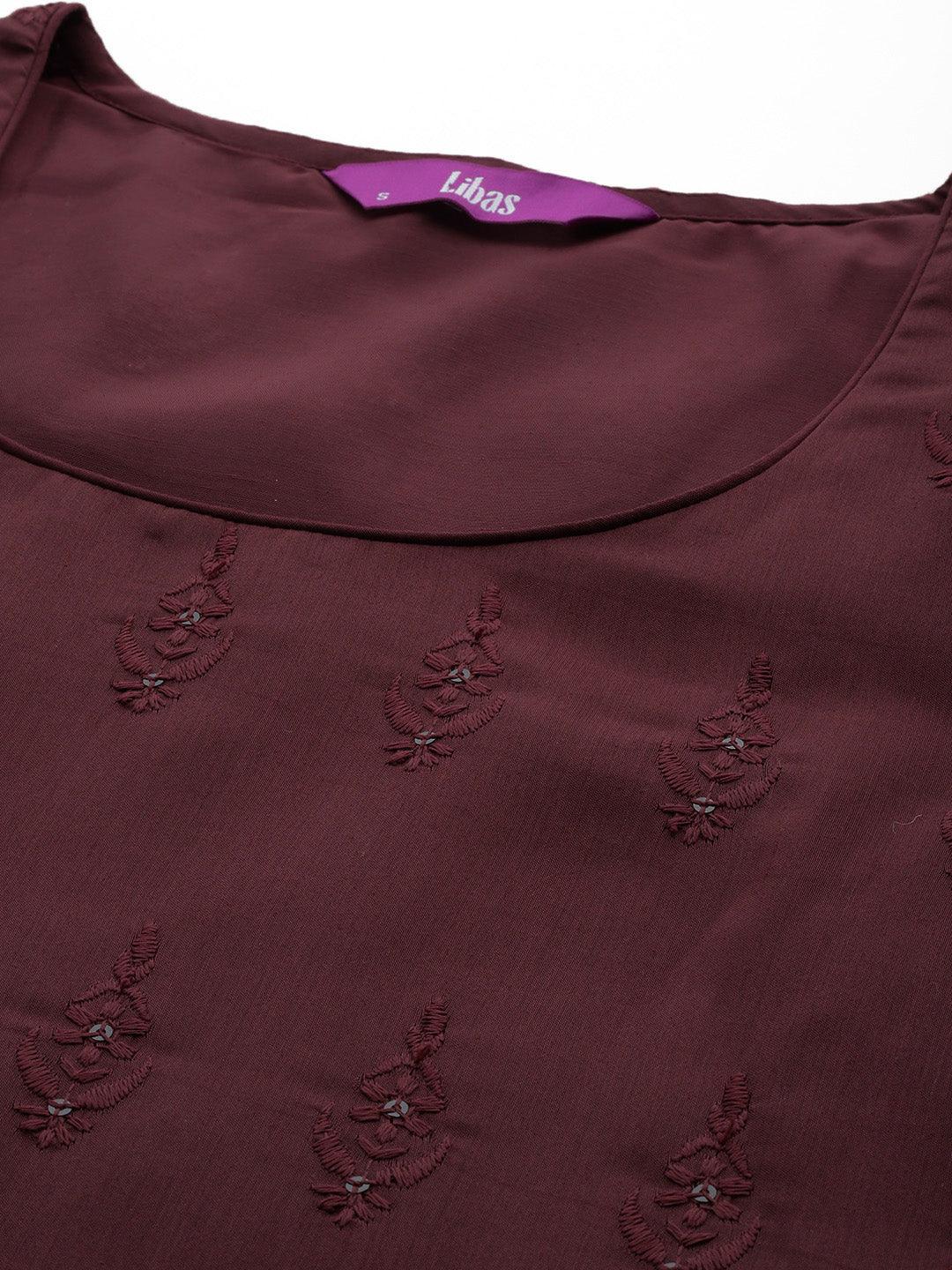 Maroon Embroidered Chanderi Silk Straight Kurta With Trousers & Dupatta