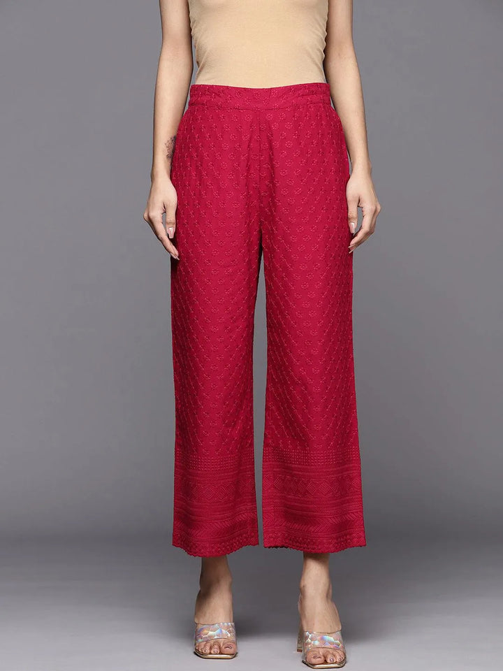 Maroon Embroidered Cotton Palazzos - Libas