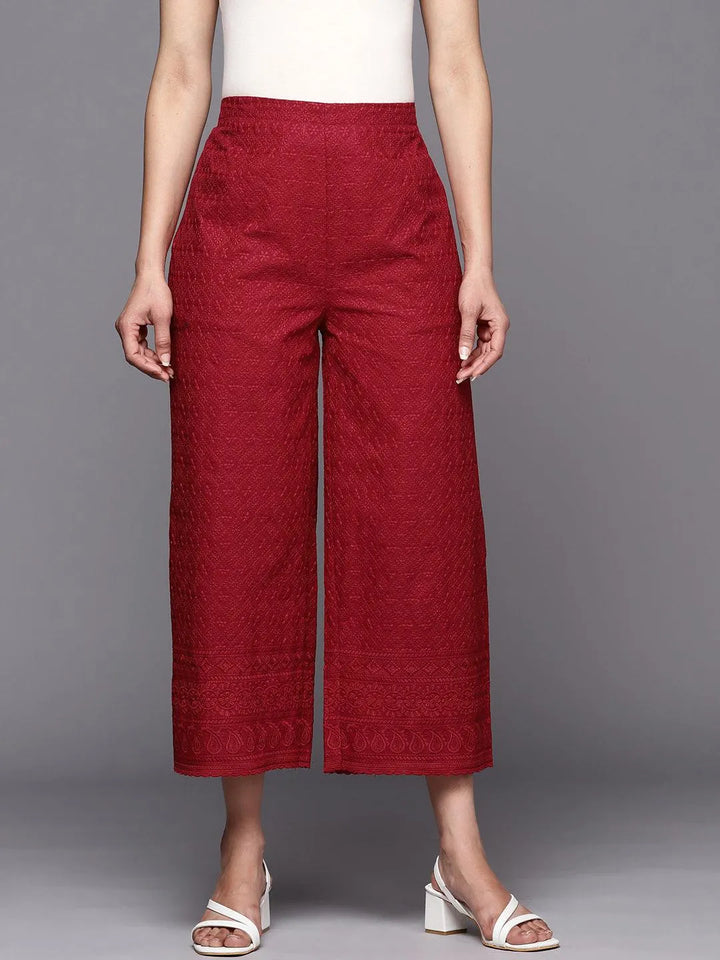 Maroon Embroidered Cotton Palazzos - Libas