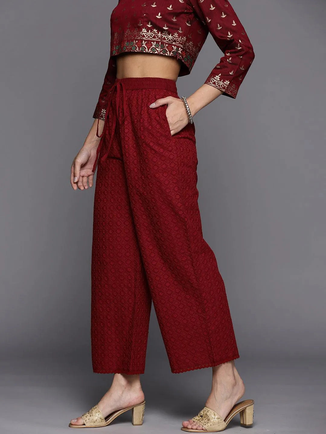 Maroon Embroidered Cotton Palazzos - Libas