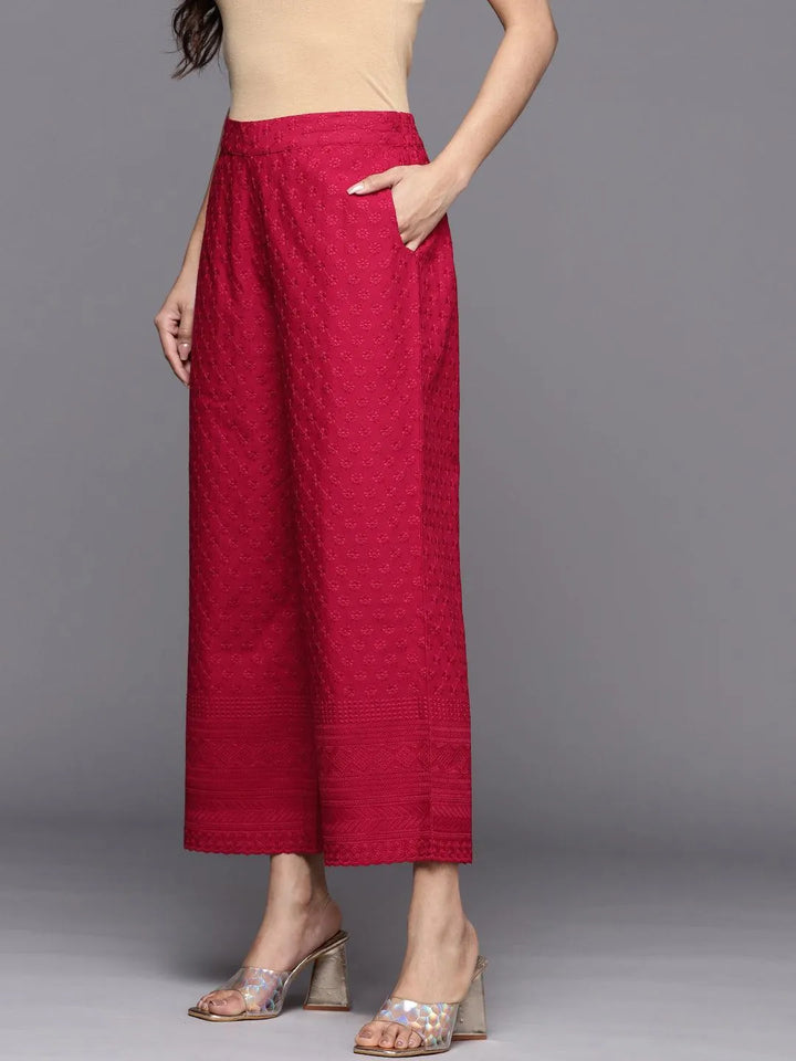 Maroon Embroidered Cotton Palazzos - Libas