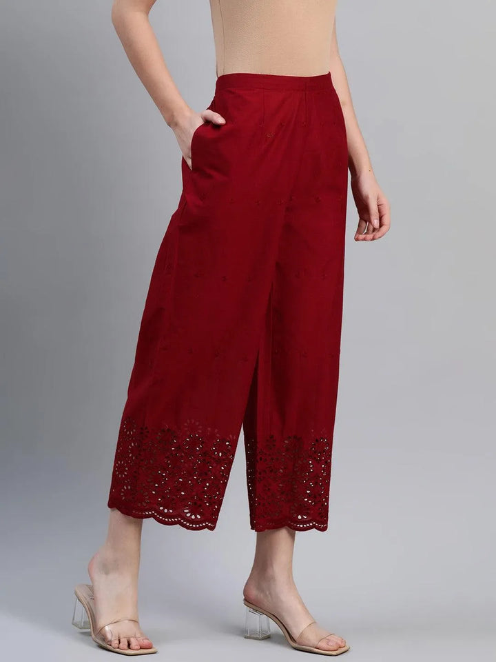 Maroon Embroidered Cotton Palazzos - Libas