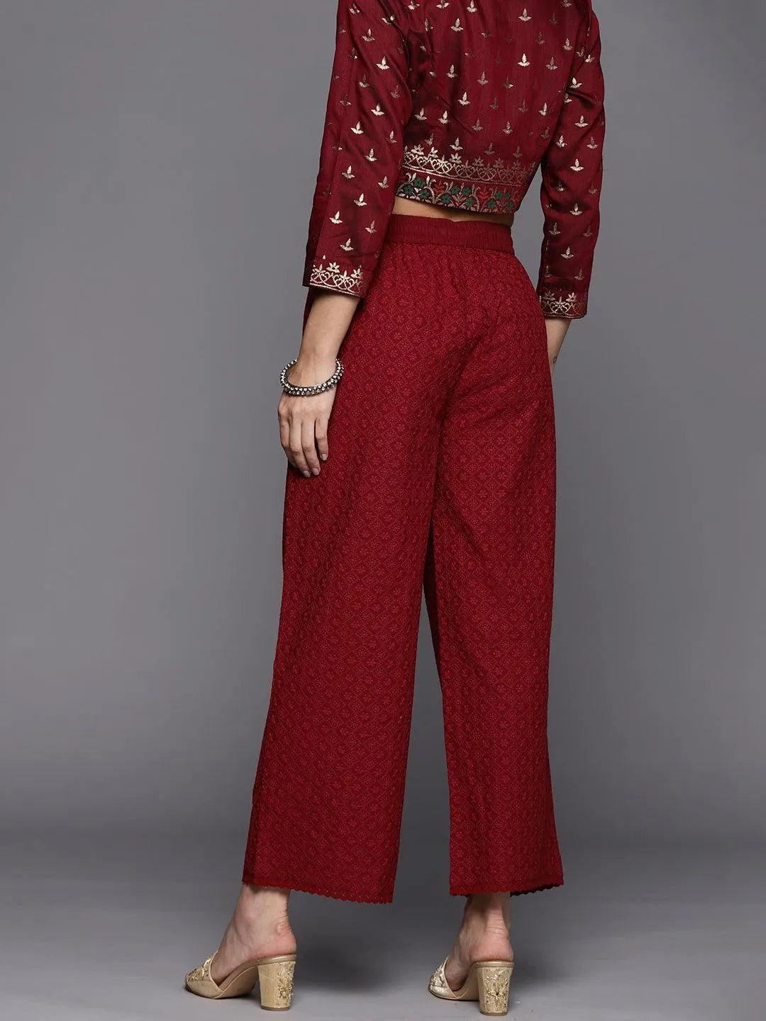 Maroon Embroidered Cotton Palazzos - Libas