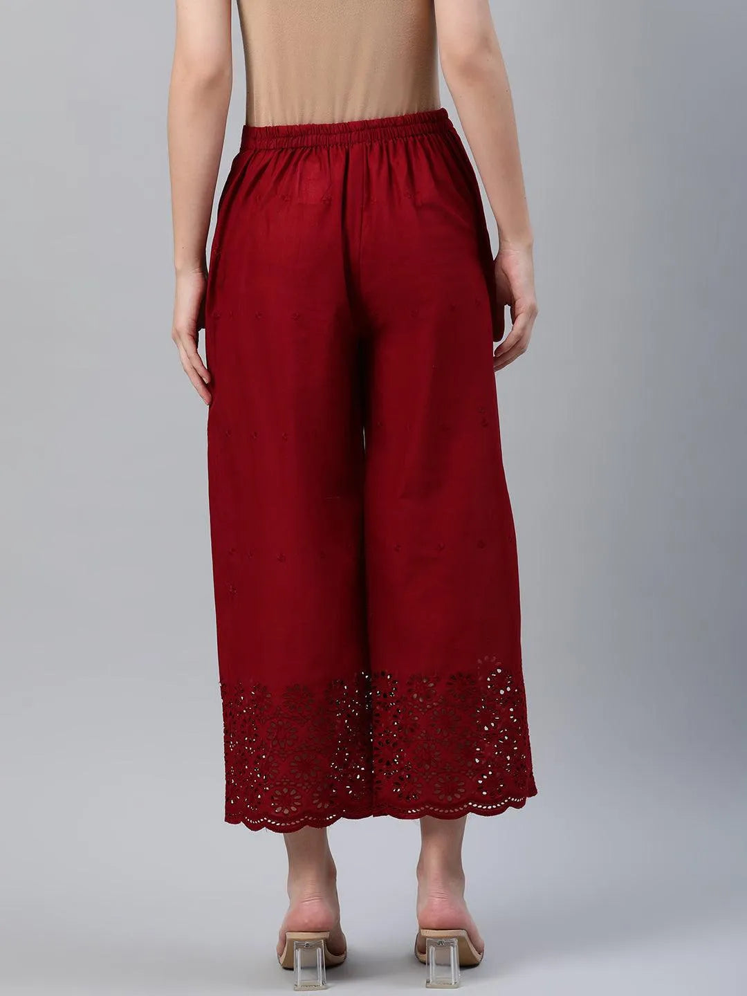 Maroon Embroidered Cotton Palazzos - Libas