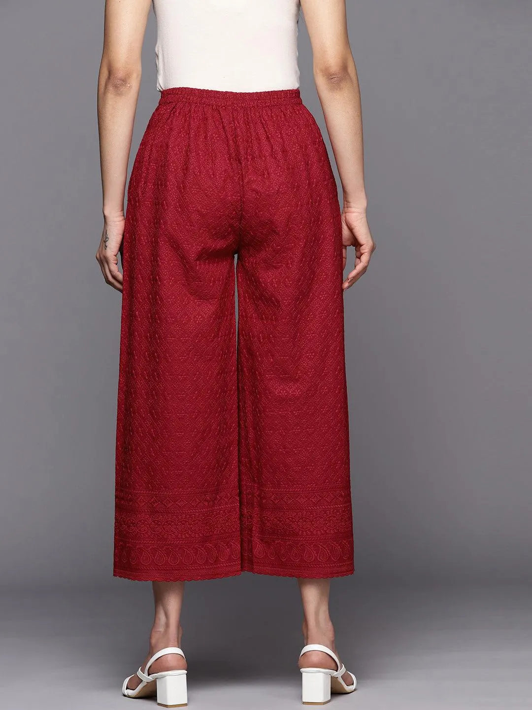 Maroon Embroidered Cotton Palazzos - Libas