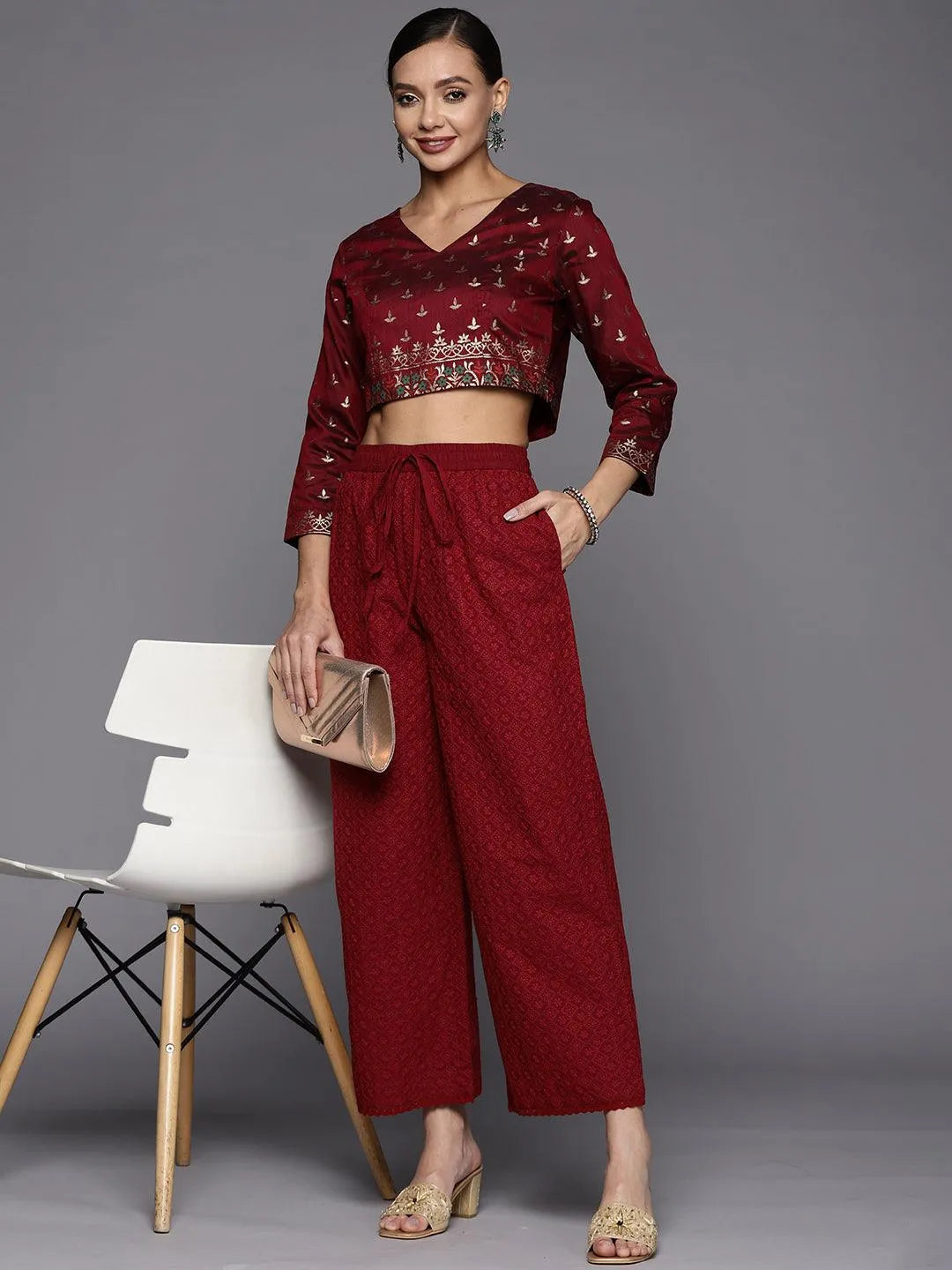 Maroon Embroidered Cotton Palazzos - Libas