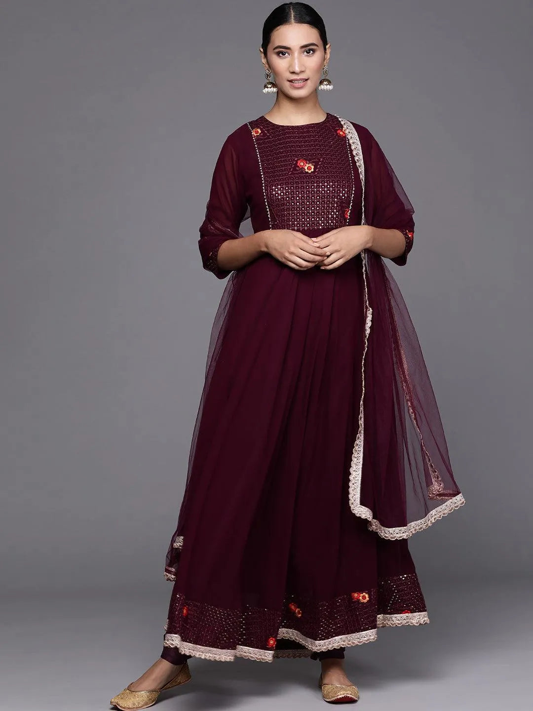 Maroon Embroidered Georgette Suit Set - Libas