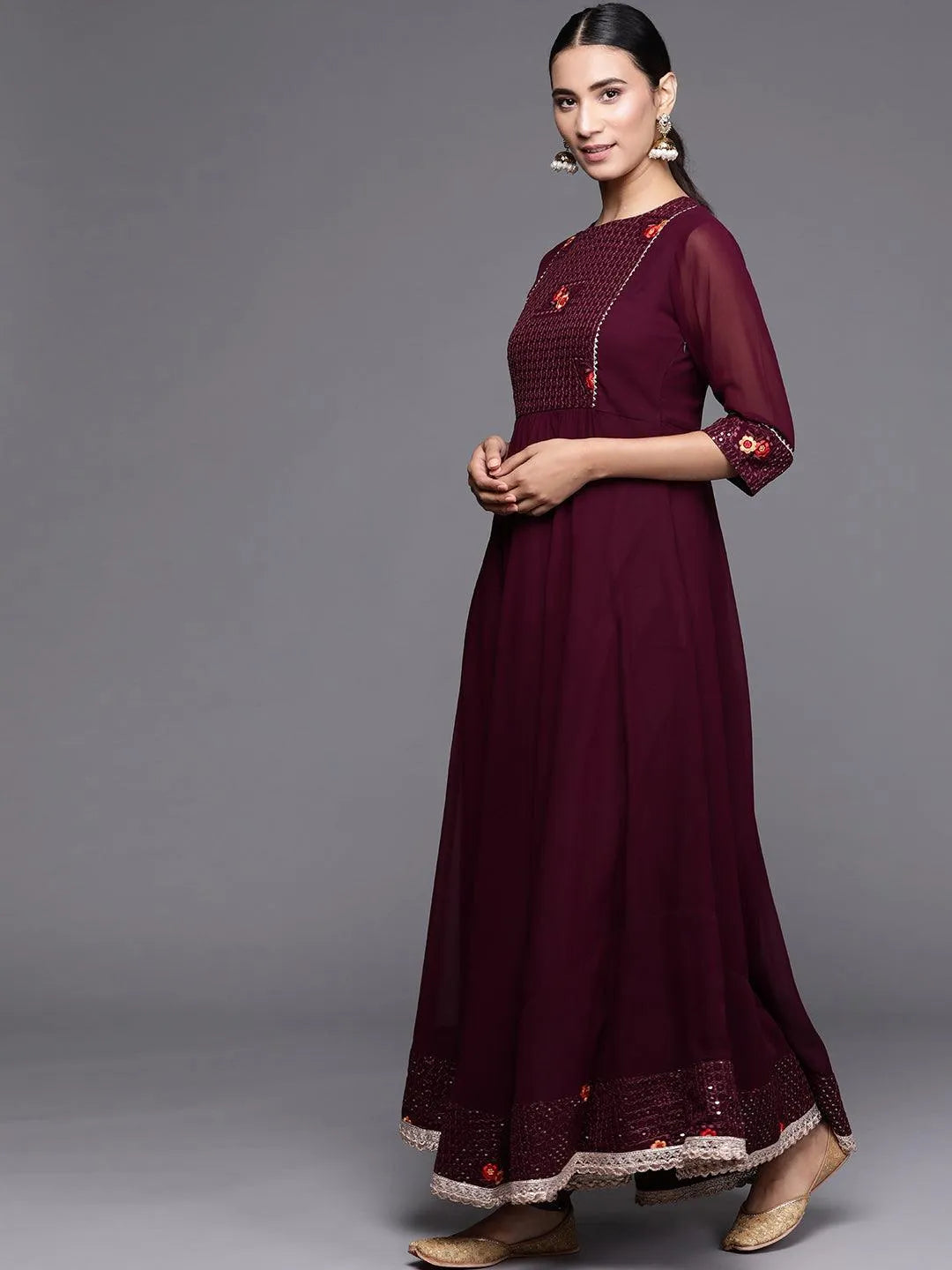 Maroon Embroidered Georgette Suit Set - Libas 