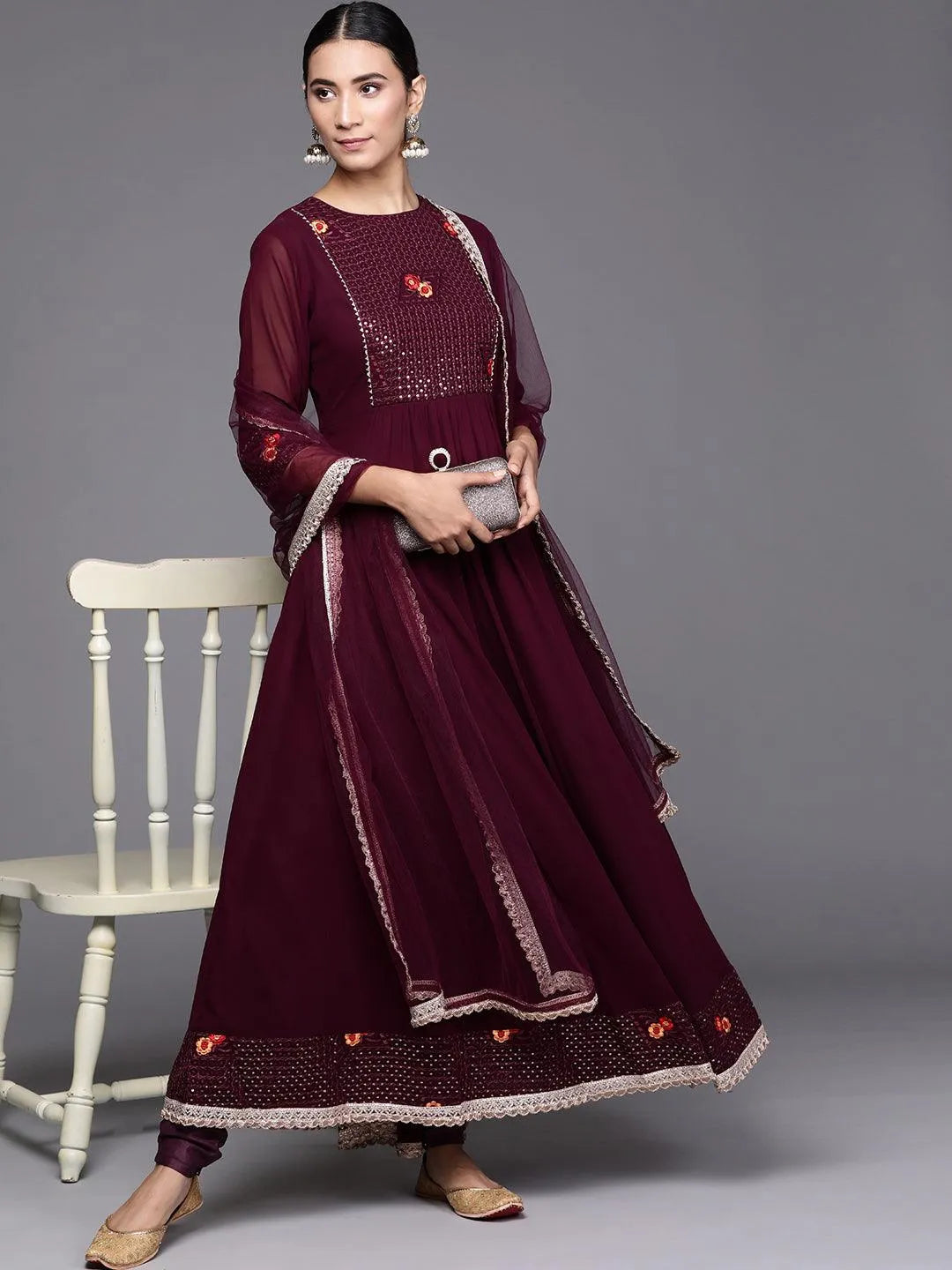 Maroon Embroidered Georgette Suit Set - Libas 