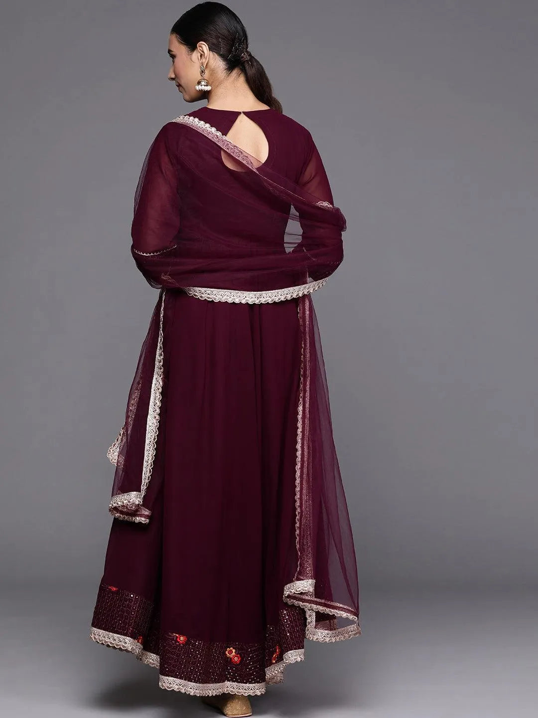 Maroon Embroidered Georgette Suit Set - Libas 