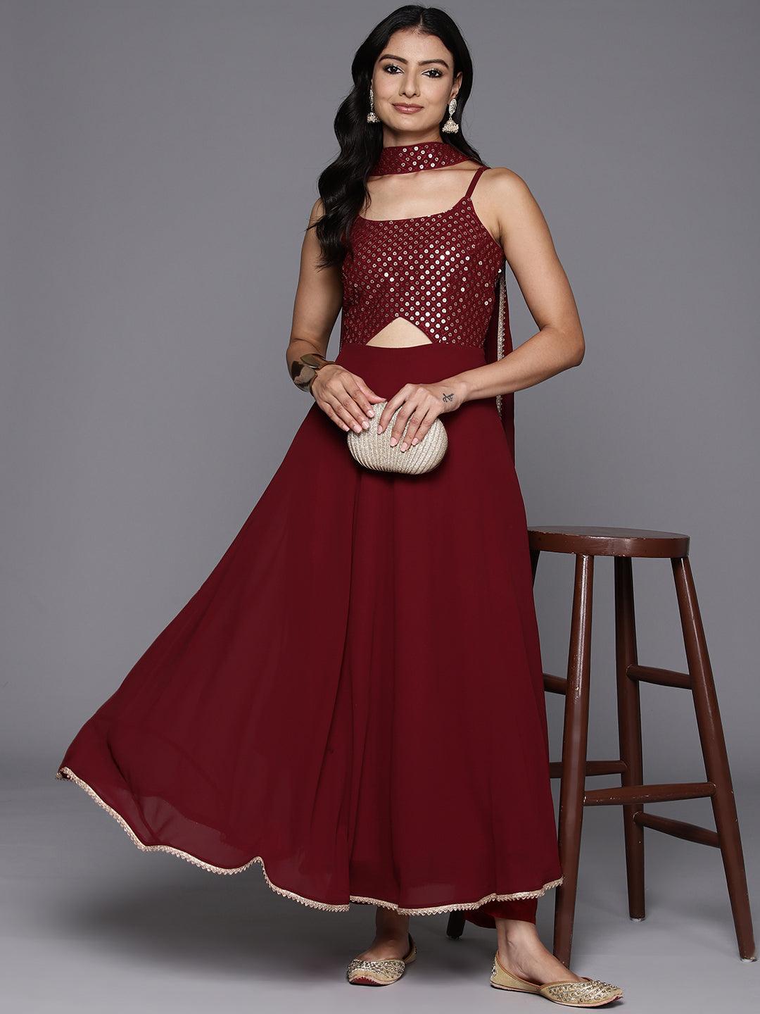 Maroon Embroidered Georgette A-Line Kurta With Trousers & Dupatta - Libas 