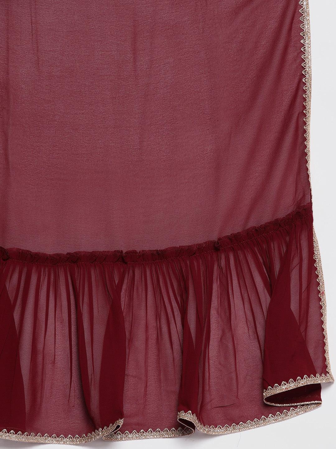 Maroon Embroidered Georgette A-Line Kurta With Trousers & Dupatta - Libas 