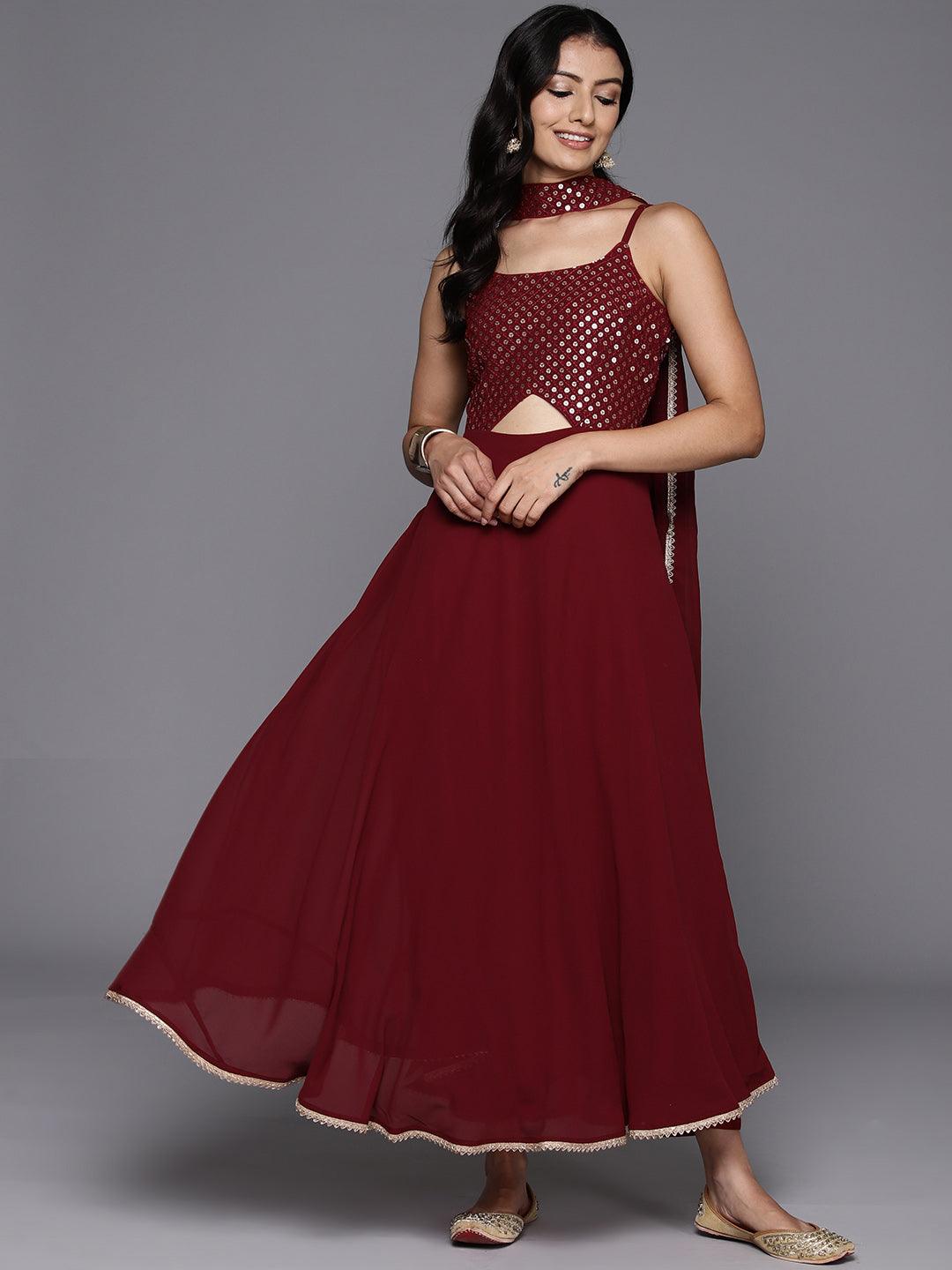 Maroon Embroidered Georgette A-Line Kurta With Trousers & Dupatta - Libas 