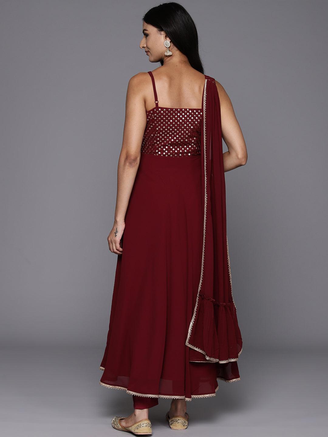 Maroon Embroidered Georgette A-Line Kurta With Trousers & Dupatta - Libas 