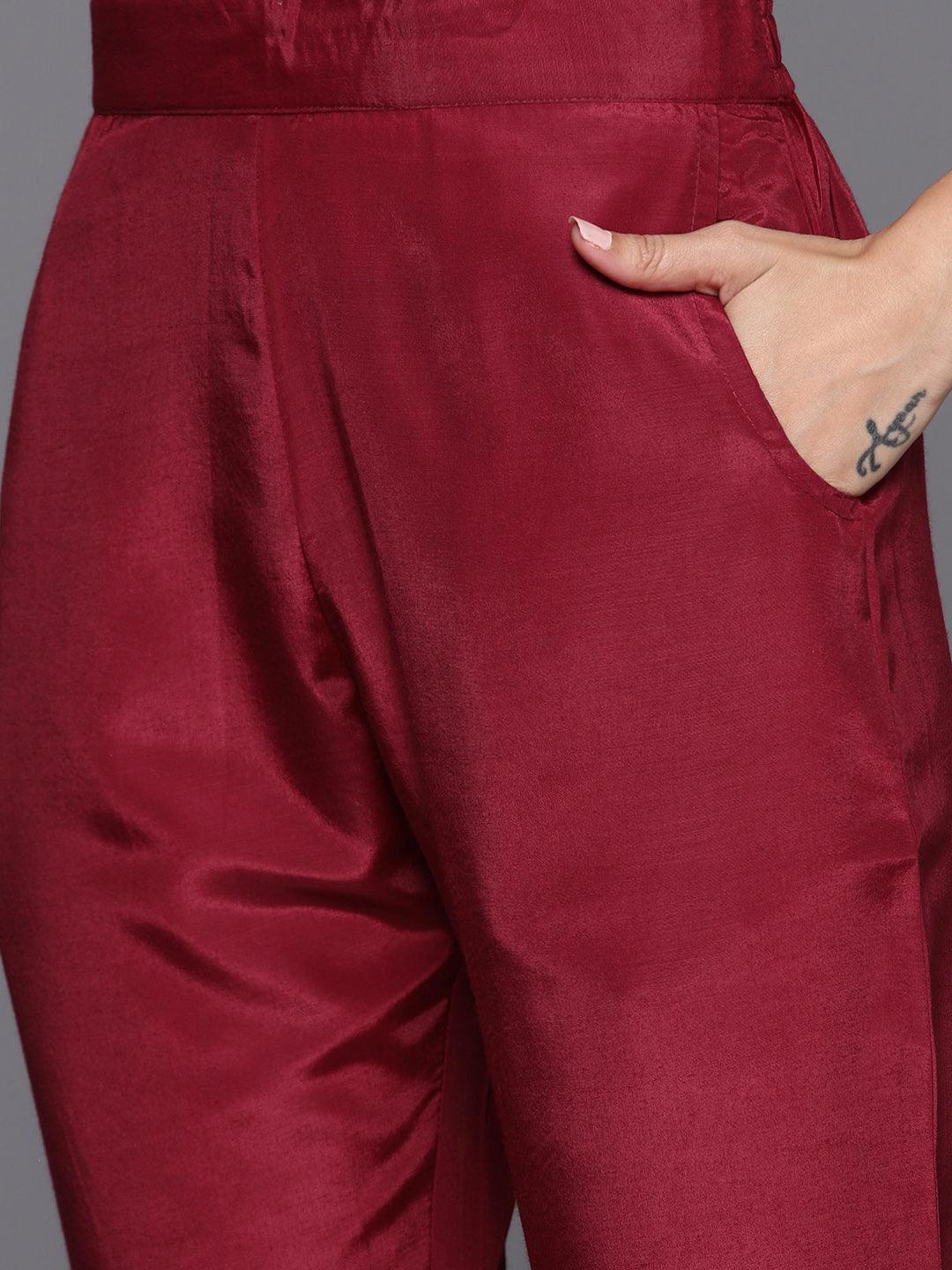 Maroon Embroidered Georgette A-Line Kurta With Trousers & Dupatta - Libas