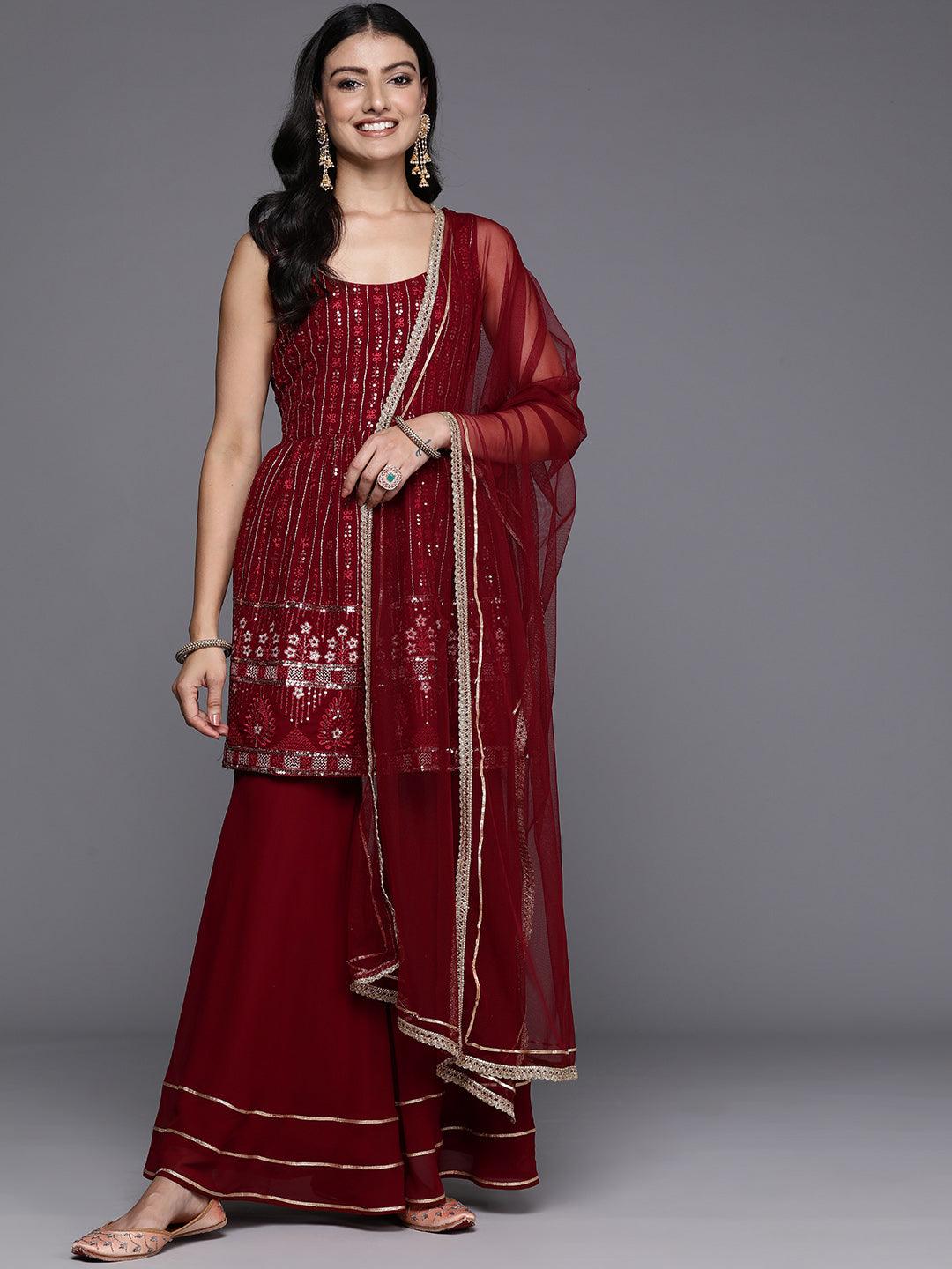 Maroon Embroidered Georgette A-Line Kurti With Sharara & Dupatta - Libas