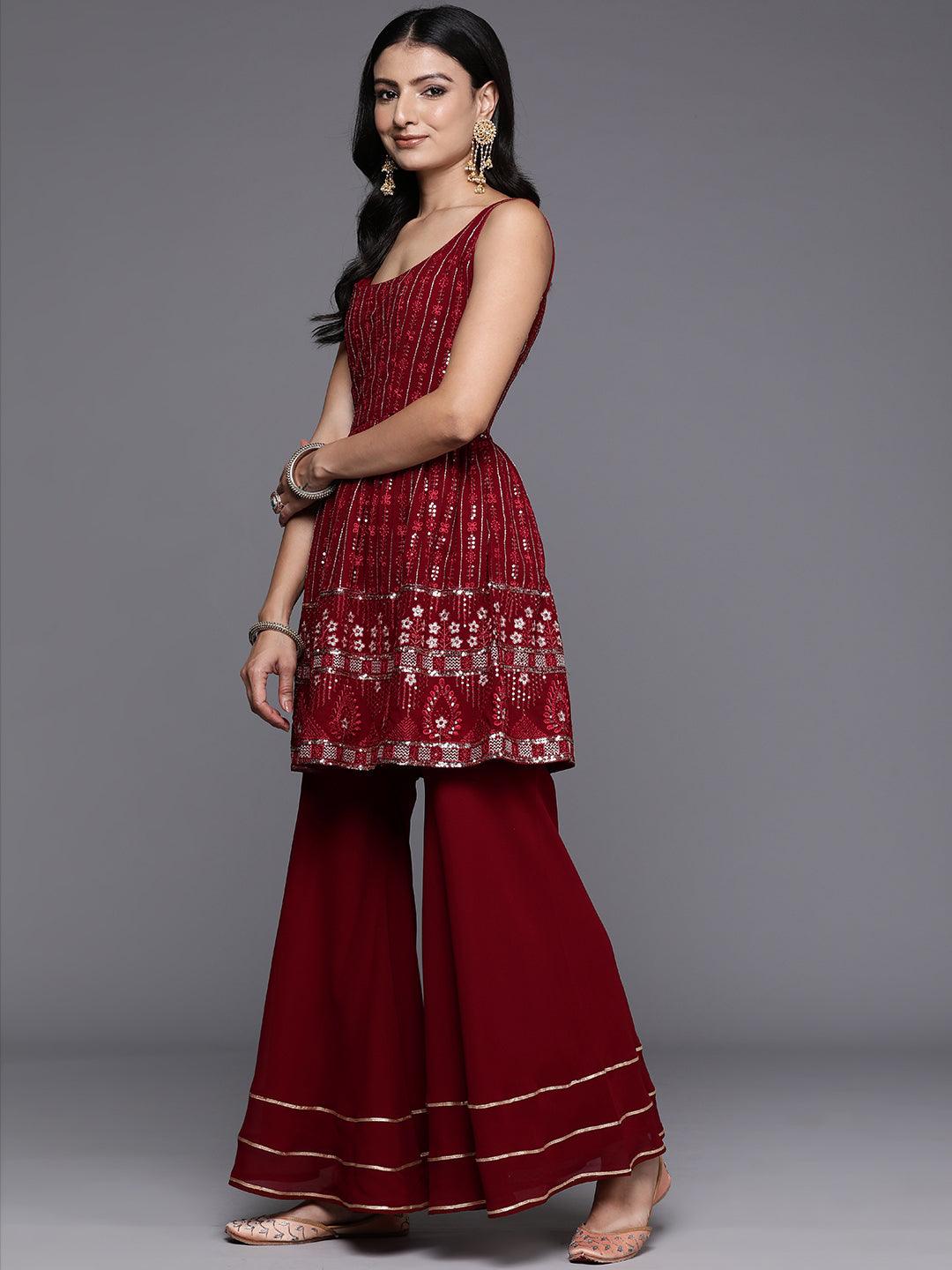 Maroon Embroidered Georgette A-Line Kurti With Sharara & Dupatta - Libas