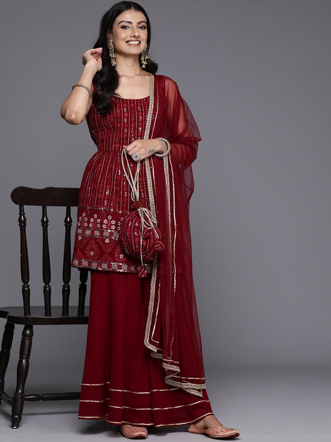 Maroon Embroidered Georgette A-Line Kurti With Sharara & Dupatta - Libas 