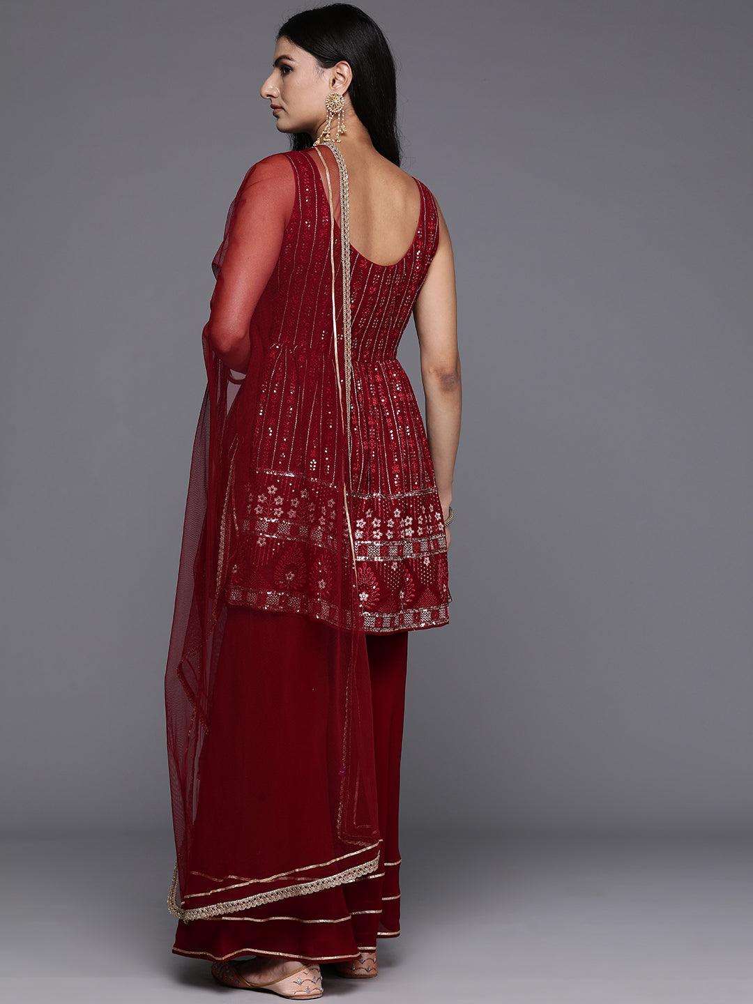 Maroon Embroidered Georgette A-Line Kurti With Sharara & Dupatta - Libas 