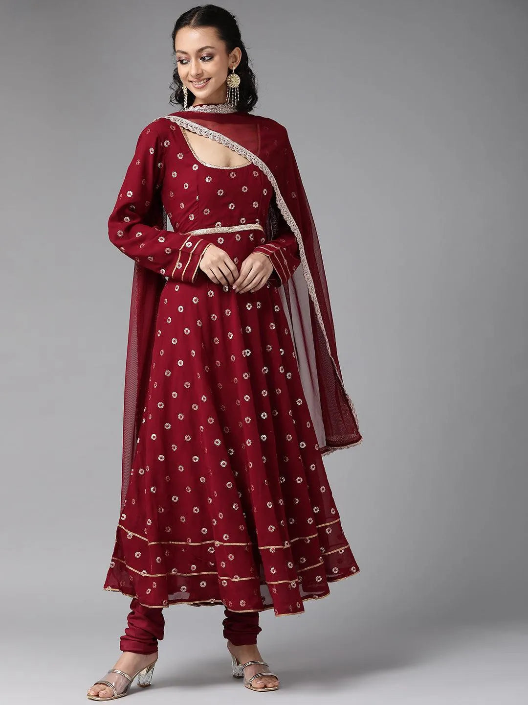 Maroon Embroidered Georgette Suit Set - Libas 