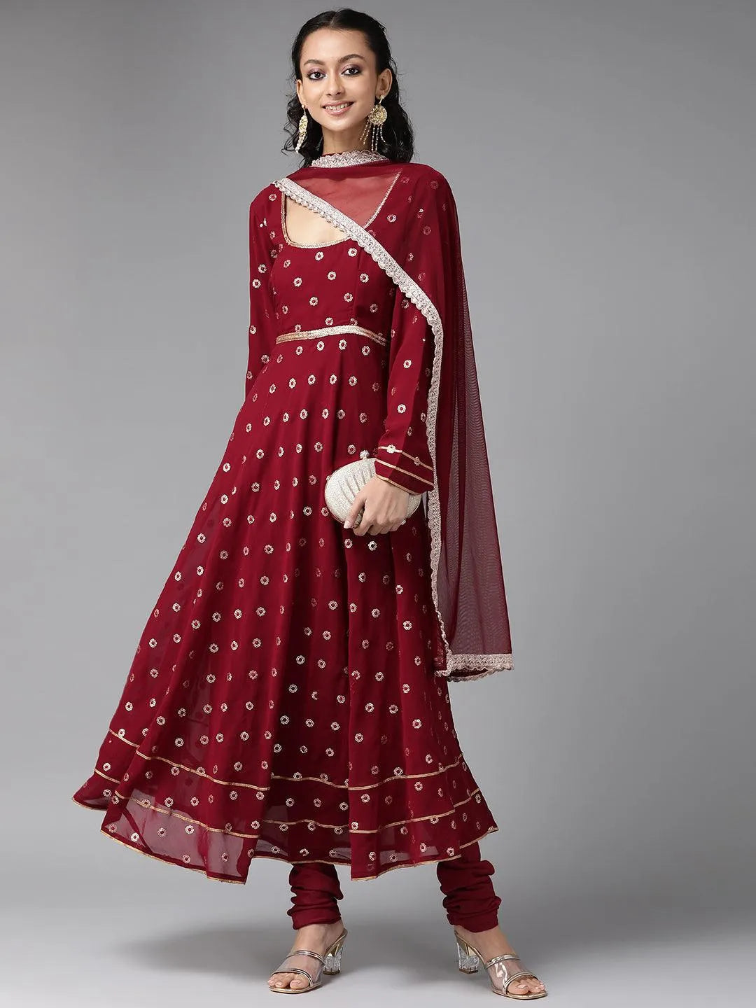 Maroon Embroidered Georgette Suit Set - Libas 