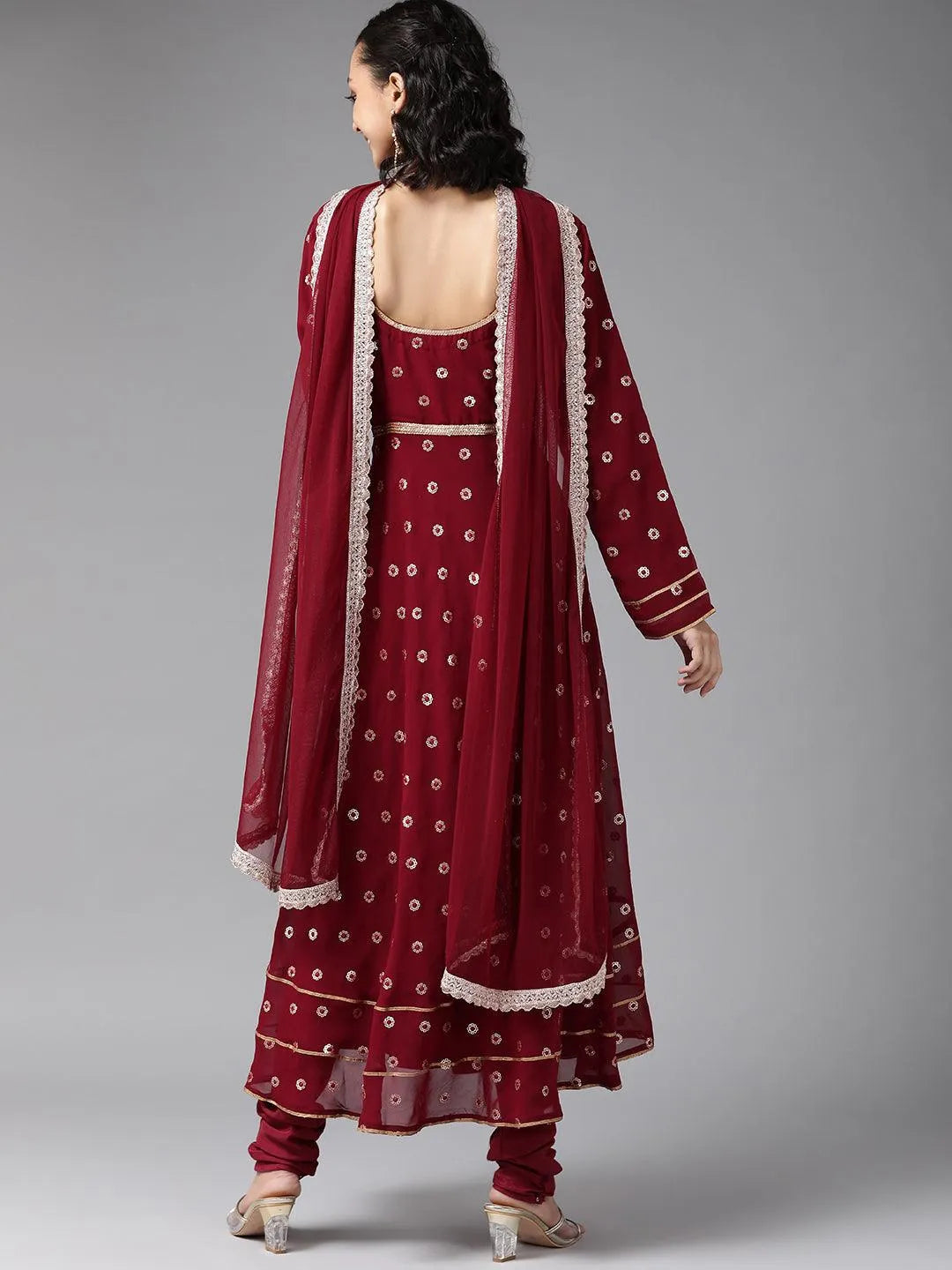 Maroon Embroidered Georgette Suit Set - Libas 