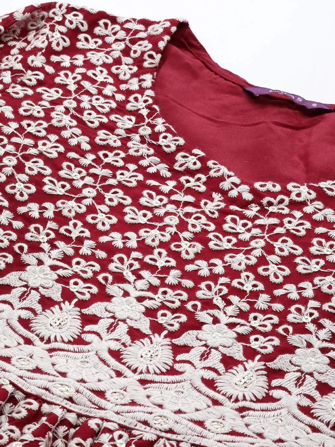 

Maroon Embroidered Georgette Anarkali Kurta With Palazzos & Dupatta