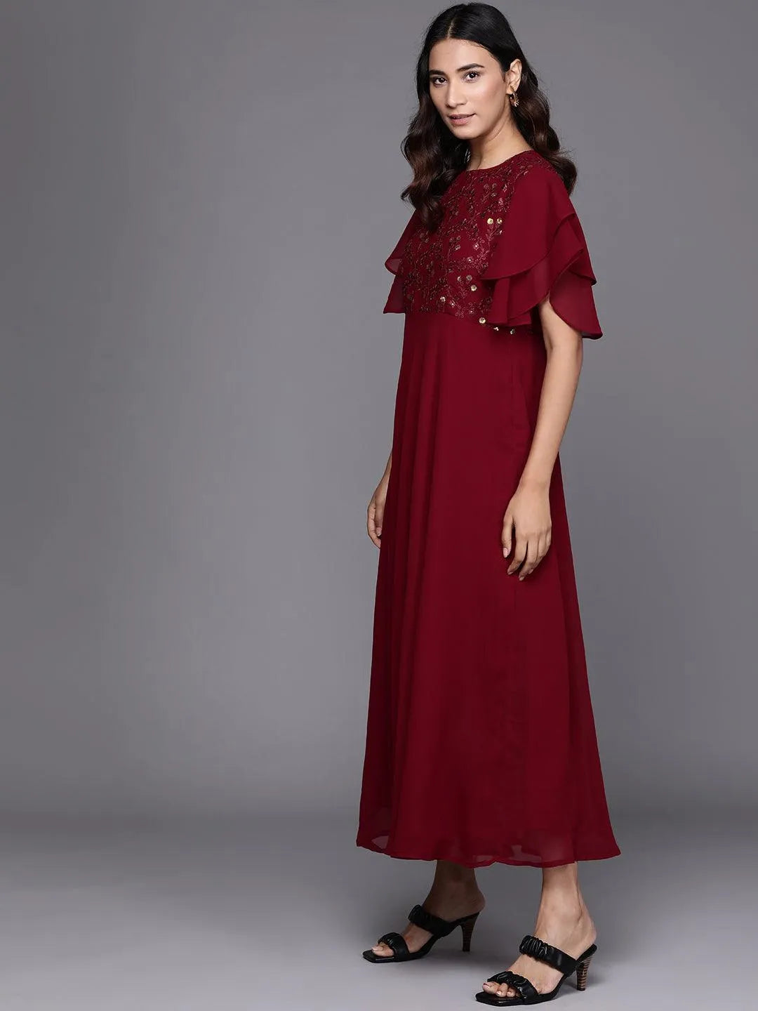 Maroon Embroidered Georgette Dress - Libas 