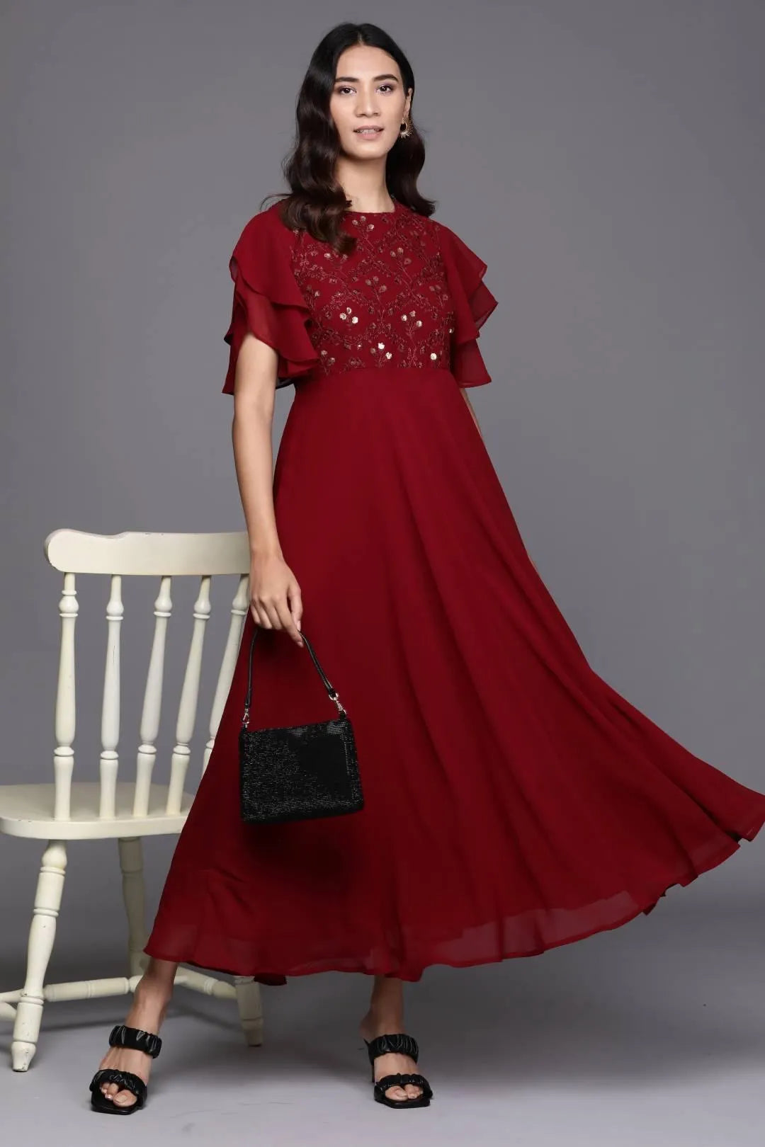 Maroon Embroidered Georgette Dress - Libas 