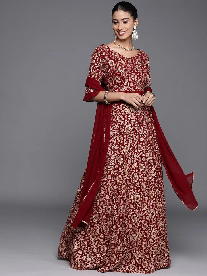 Maroon Embroidered Georgette Lehenga Set - Libas