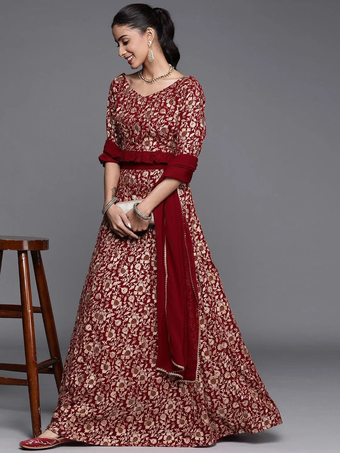 Maroon Embroidered Georgette Lehenga Set - Libas 