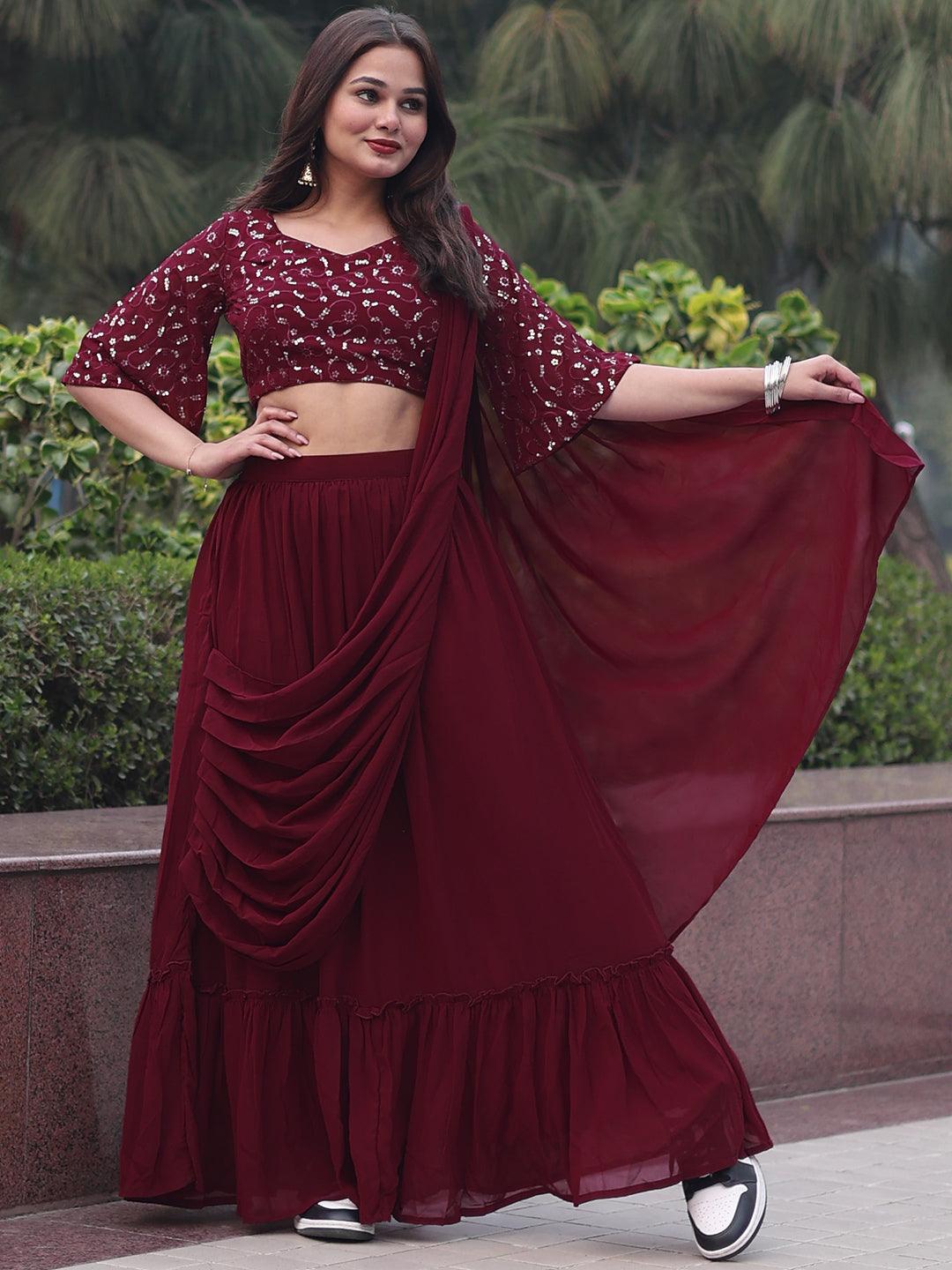 Maroon Embroidered Georgette Saree - Libas 