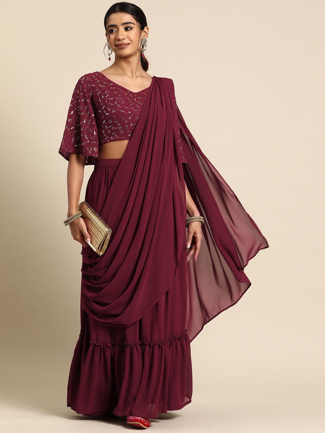 Maroon Embroidered Georgette Saree - Libas 